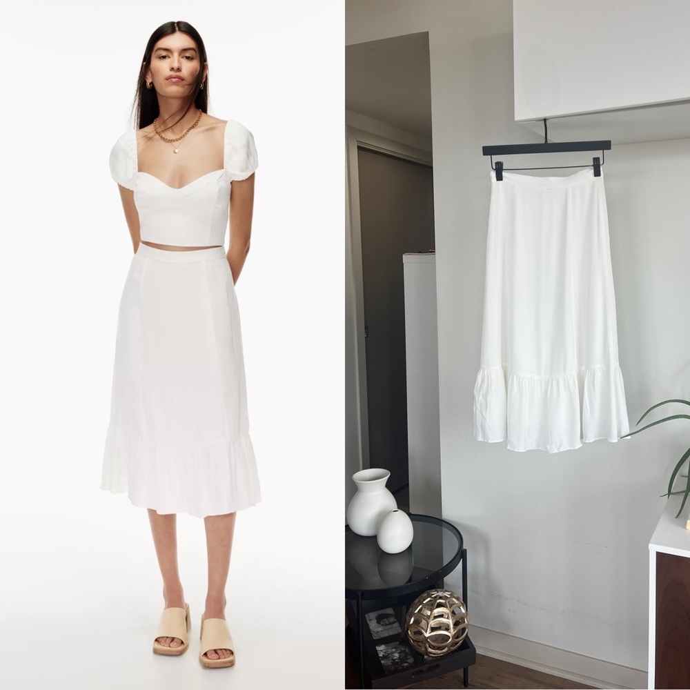 Aritzia White Boho Ruffled Romantic Boho Coquette FeminineMidi Skirt A-Line Sz 0